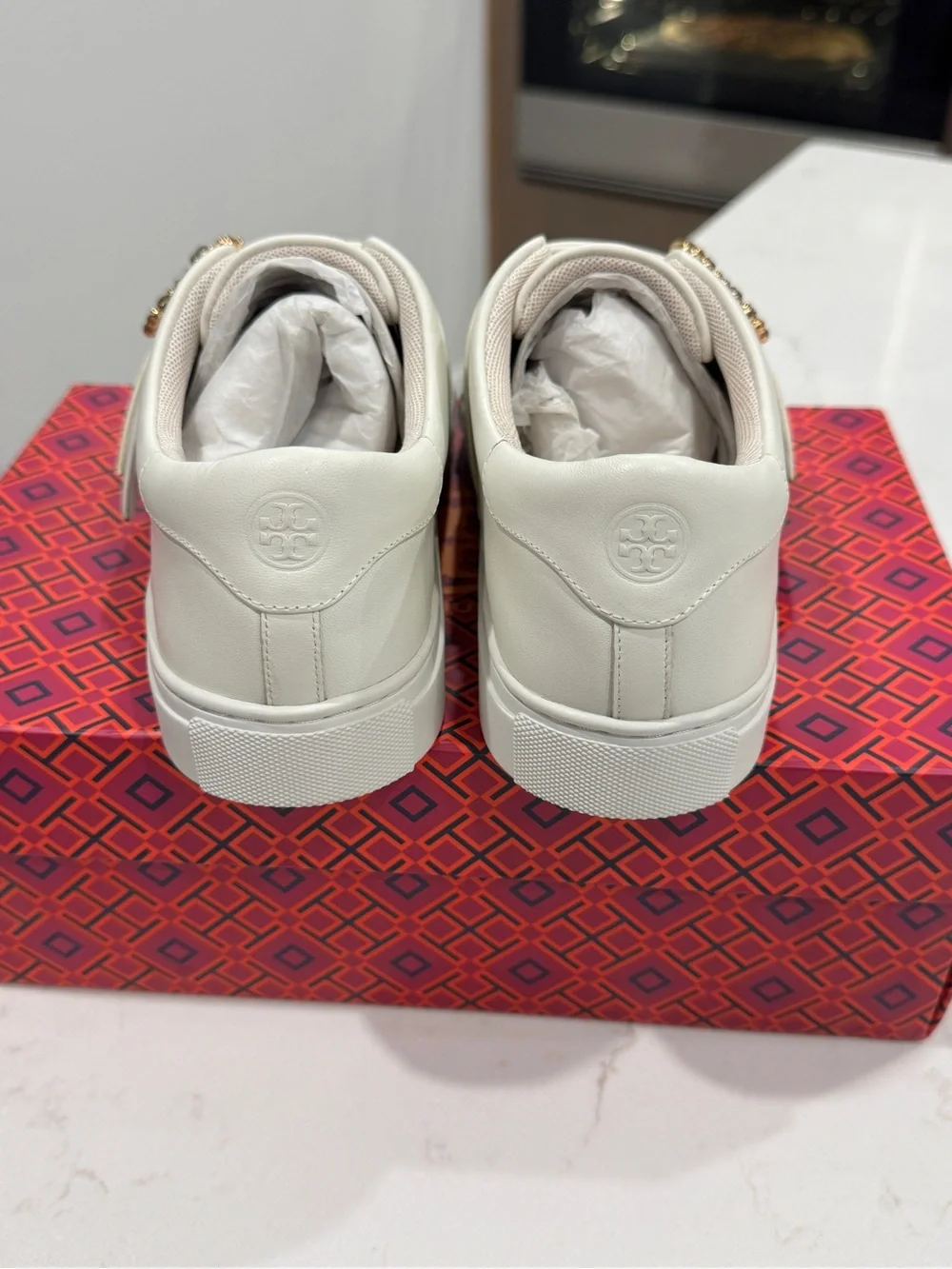 Tory Burch Greer Crystal-Buckle Leather Sneakers